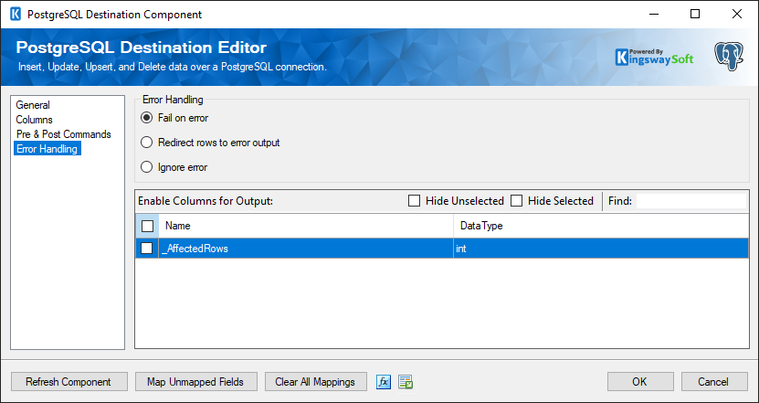 PostgreSQL Destination - Error Handling Page